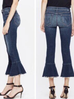 MOTHER Cha Cha Fray Ruffle Hem Cropped Flare Jeans Girl Crush Festival Boho 27